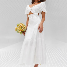 亚马逊外贸跨境欧美女装2025春夏热款v领纯棉白色镂空长款连衣裙