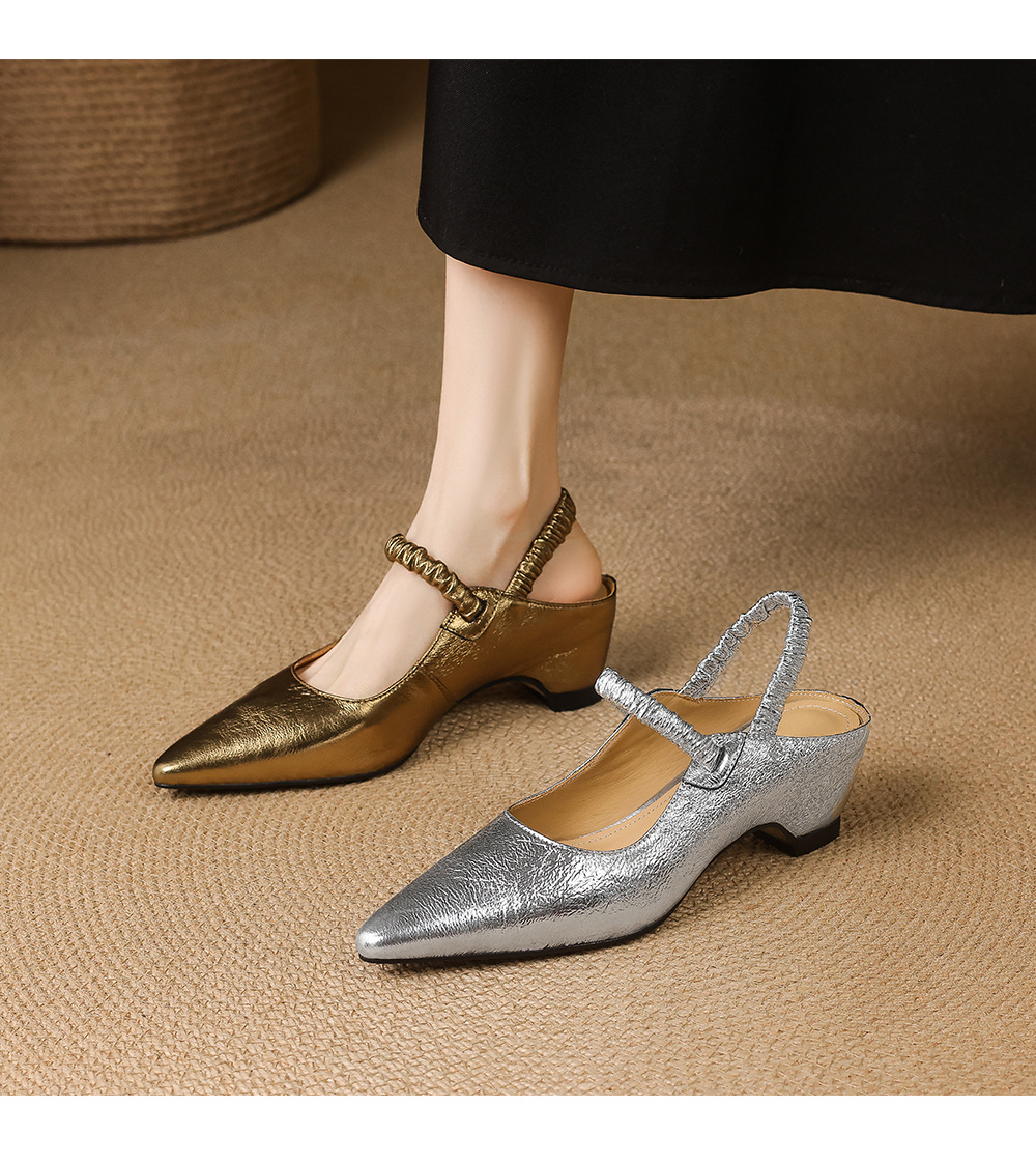Sandal cao gót nữ mũi nhọn bít mũi da cừu kiểu Pháp, gót cao 9 cm — Màu vàng chi tiết 12