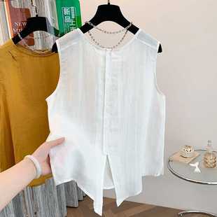 Retro Round Neck Cotton and Linen Shirt for Women 2025 Summer New Style Loose Thin Vest Cotton and Linen Sleeveless Top