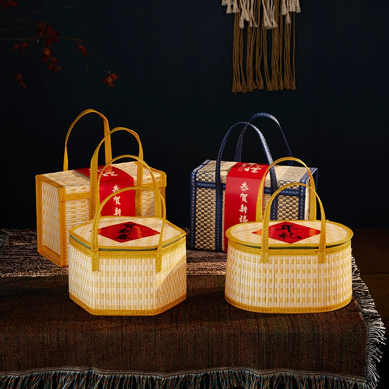Бамбуковая корзина Ручная корзина рисовая колбаса бекон лунный пирог крабовое яйцо фрукты специальные продукты складная бамбуковая коробка для упаковки