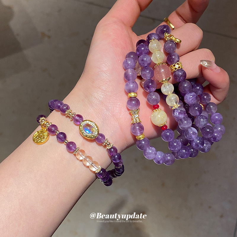 Pulsera de pulsera de cristal amatista de marca redonda de circón apilada, pulsera de lujo ligero, pulsera de alta calidad, diseño de nicho, joyería de mano para mujer