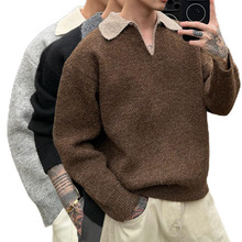 跨境爆款欧码大码假两件POLO翻领V领针织衫毛衣男老钱风工厂批发