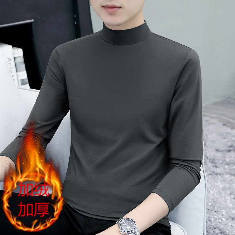 Thickened Fleece-Lined High Collar Men's Long-Sleeved T-Shirt Autumn and Winter Men's Warm Base Shirt Elastic Slim-Fit Men's T-Shirt Top