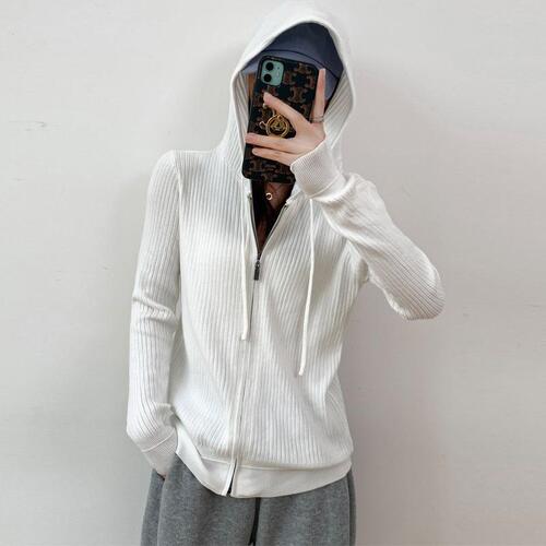 Spring  New Hooded Cardigan Sweater Women's Base Layer Casual Loose Knit Zipper Jacket with Hat