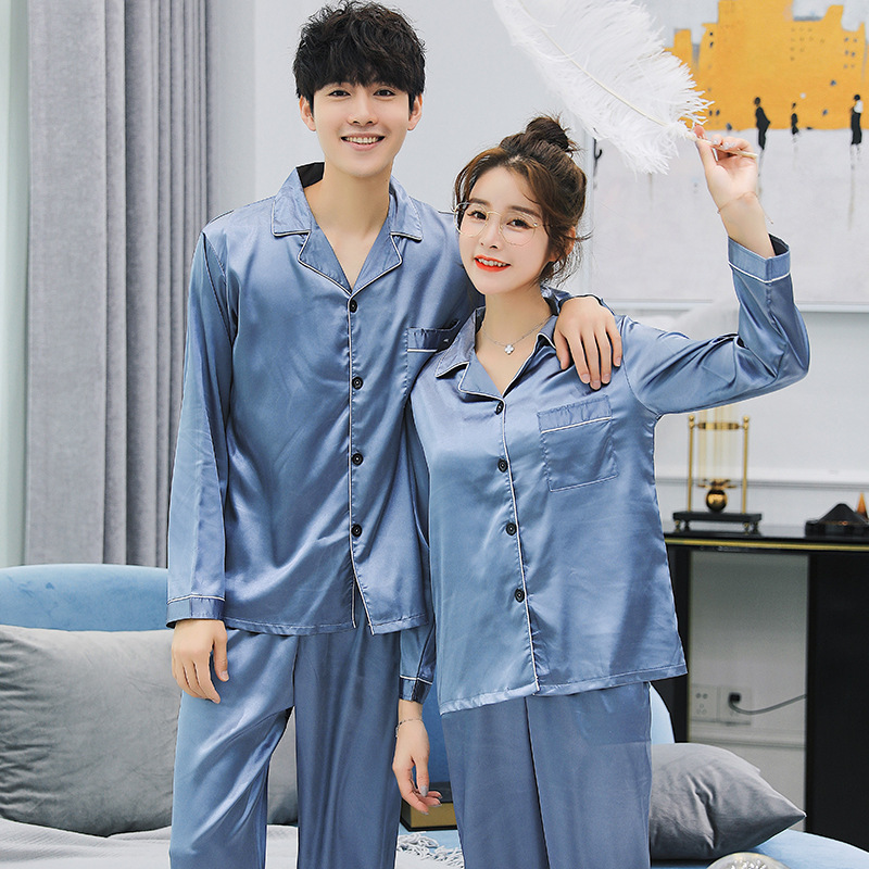 Directo de fábrica pareja pijamas de las mujeres primavera y otoño simple color sólido de seda de hielo de manga larga de seda artificial de los hombres desgaste del hogar traje