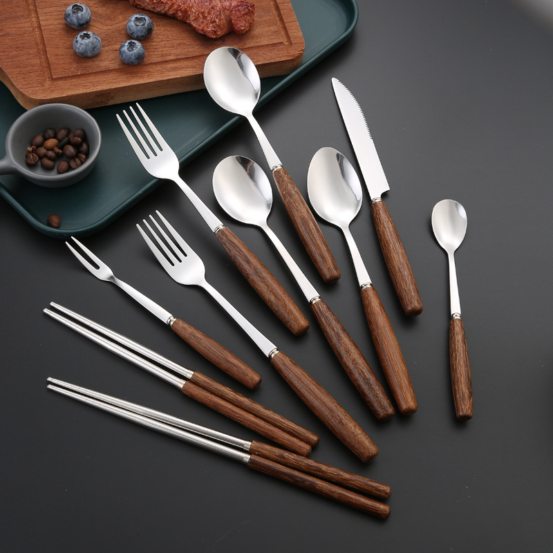 Chicken Wings Wooden Handle Stainless Steel Tableware Steak Knife and Fork Spoon Chopsticks Set Dessert Spoon Fork Portable Tableware Gift Pack Chicken Wings Wooden Handle Stainless Steel Tableware Steak Knife and Fork Spoon Chopsticks Set Dessert Spoon Fork Portable Tableware Gift Pack