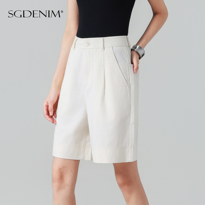 Relaxed Old Money Style/Straight-Leg Shorts High-Waisted Denim Shorts for Women Hemp Fiber White 26 Summer New Slimming Style
