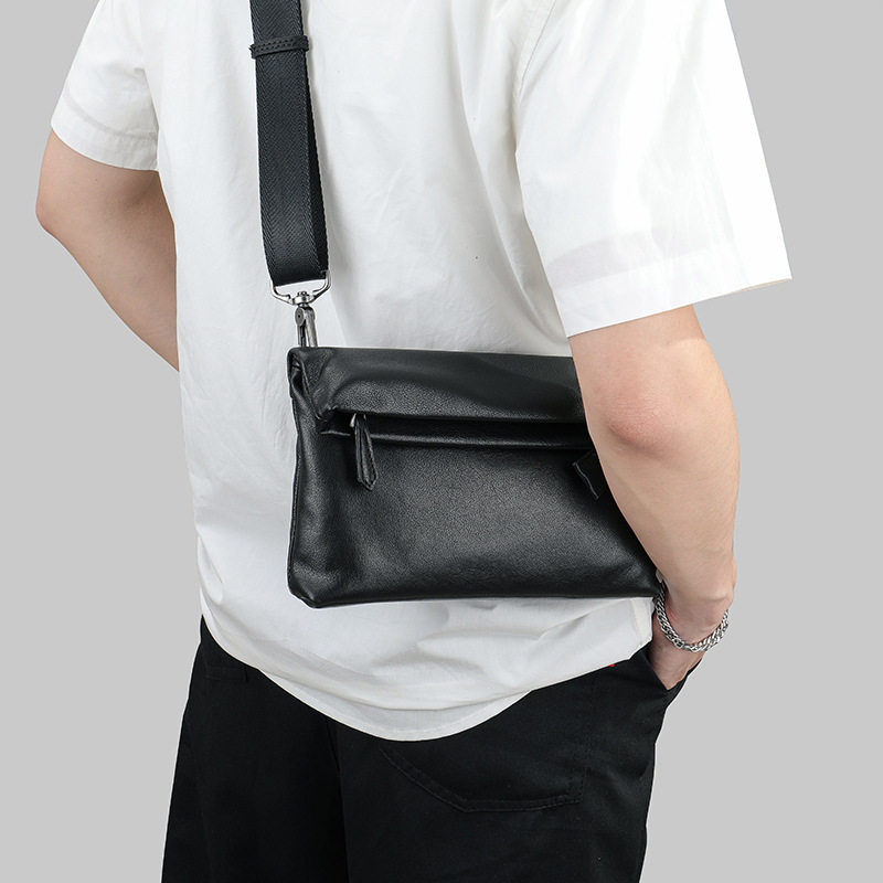 Túi đeo chéo nam da bò thật Malute mềm mại, kiêm túi clutch cầm tay, chống thấm nước — Màu đen