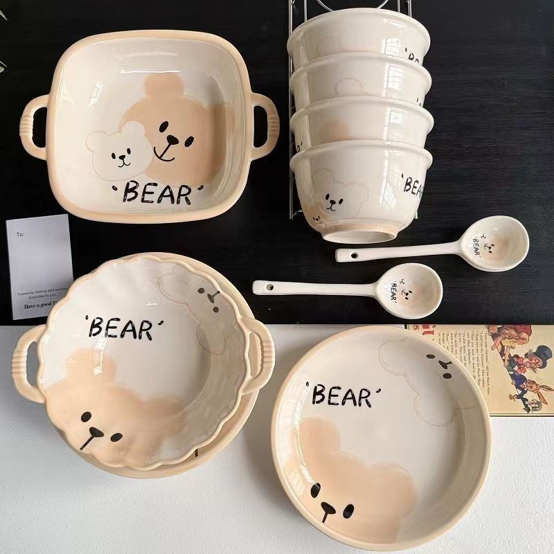 Cartoon Cute Bear Ceramic Dishes and Tableware Household Kidsren's Small Bowls Snack Dishes Yogurt Bowls Cute Bowls and Plates Set