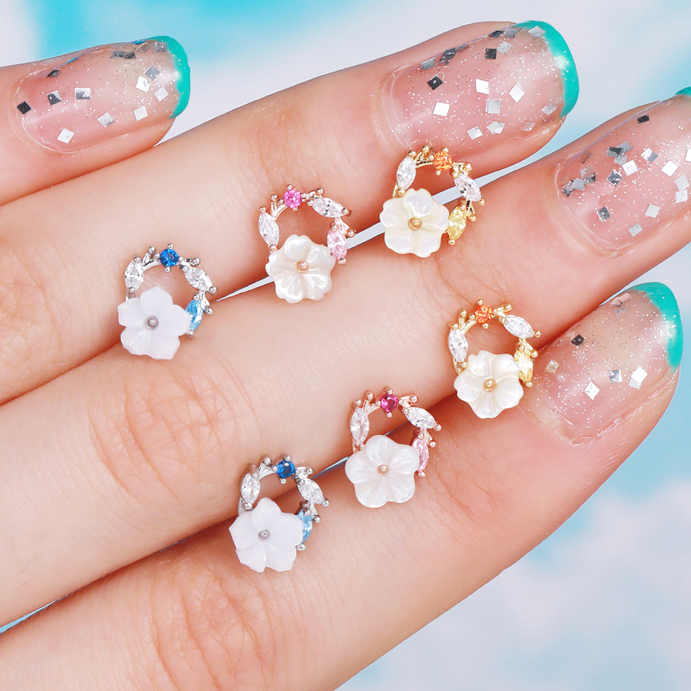 fashion white flower ear bone stud stainless steel rod piercing screw ball ear stud