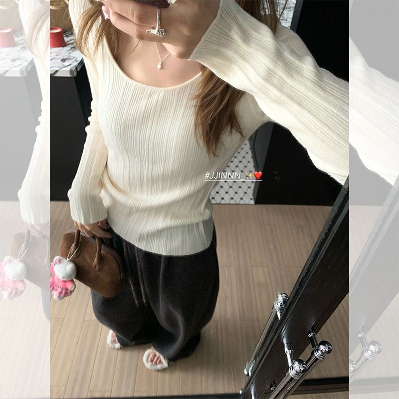 Plaid U-Neck Long-Sleeved Bottoming T-Shirt for Women in Spring and Autum New Korean Style Elegant Waist Slimming Look Casual Knitwear
