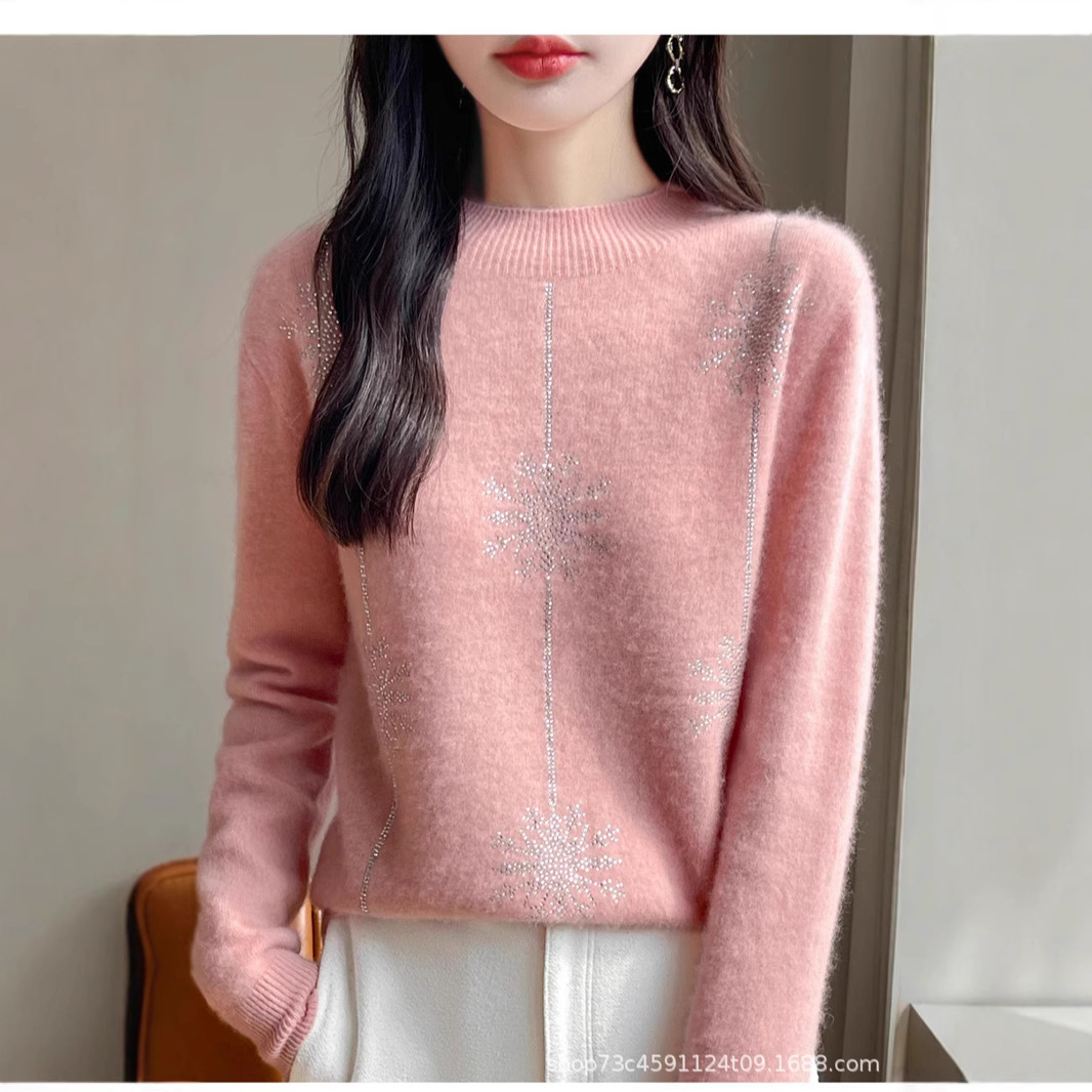 2025 새로운 세미 하이 칼라 모조 다이아몬드 기질 스웨터 여성의 느슨한 풀오버 두꺼운 니트 캐시미어 바닥 스웨터