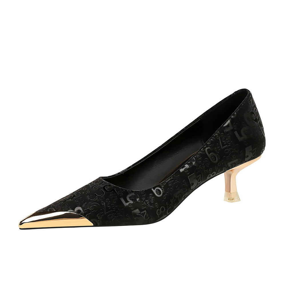Women's Shoes Fine Heel Middle Heel Shallow Metal Pointed Toe Digital Pattern Satin Single Shoes_voghion.com