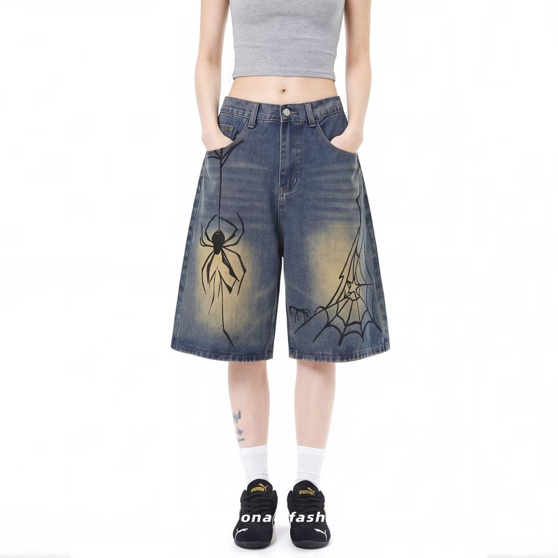 Vintage Embroidered Denim Shorts for Women 2025 Summer High-Waisted Slimming Loose Versatile Wide-Leg Pants