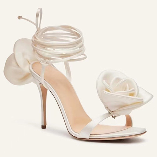 2024 foreign trade new style round toe stiletto heel super high heel satin rose flower heel strap large size one-strap sandals for women