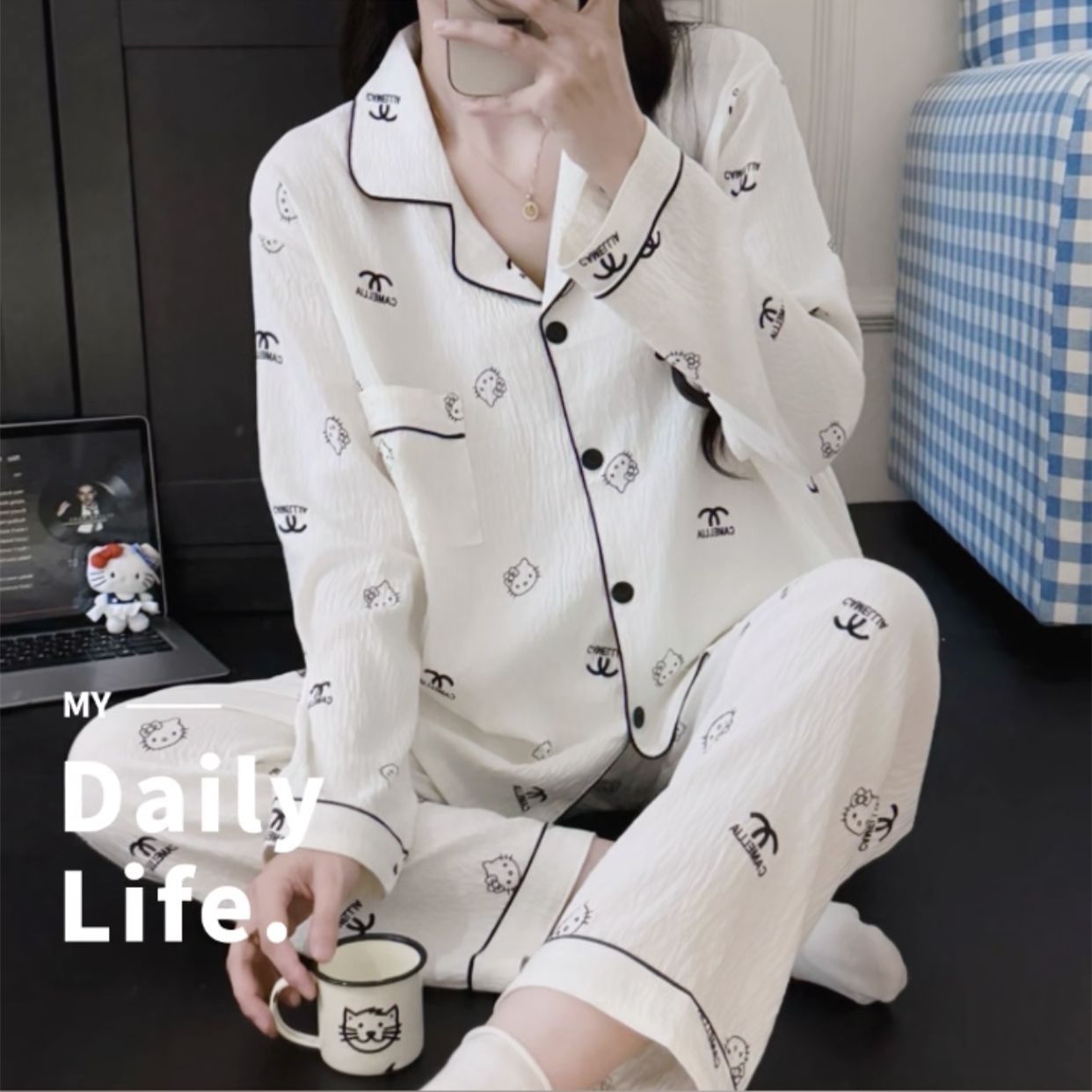 Al por mayor transfronterizo de otoño pantalones de mangas largas pijamas mujeres nubes de algodón estilo coreano dibujos animados dulces con solapa red cardigan set
