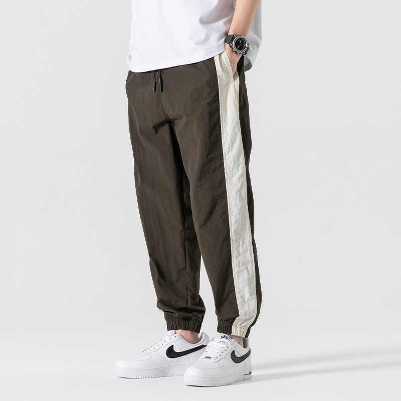 Ice Silk Pants Summer Quick-drying American Style Stitching Striped Design Straight Casual Thin Loose Fashionable All-match Men's Pants