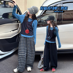 女童秋装三件套2025新款时髦中大童背心马甲打底衫格子裤春秋套装