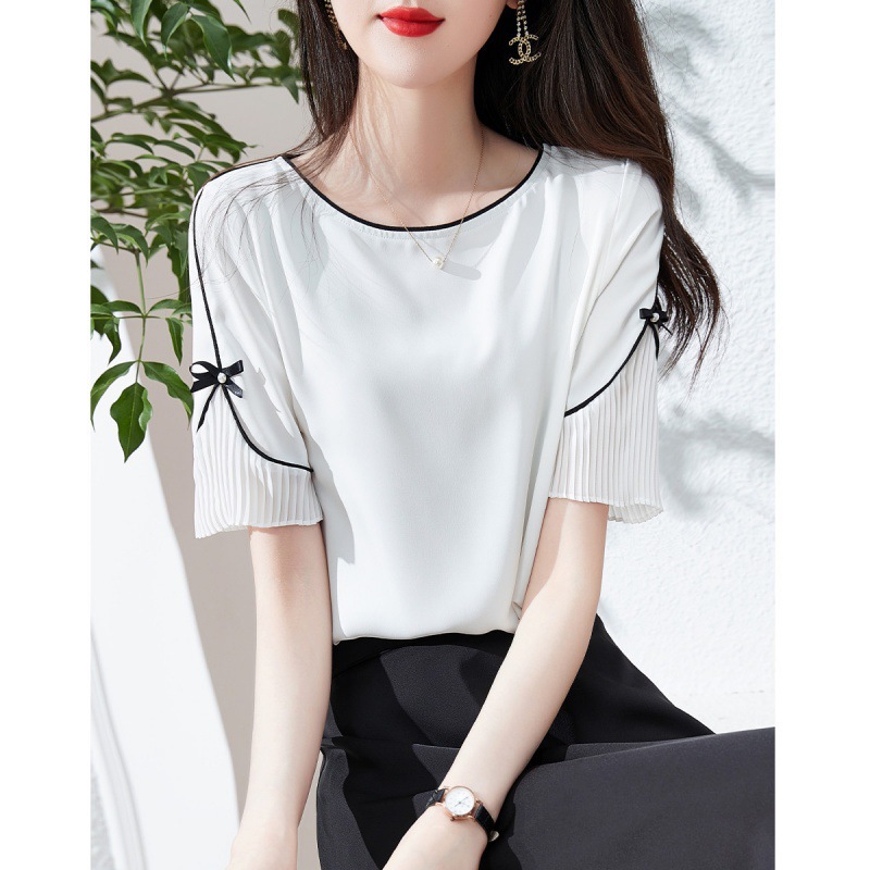 Summer elegant professional shirt with bow with a round collar