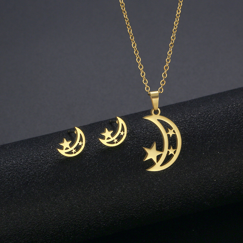 Star Moon Set Stainless Steel Hollow Star Moon Necklace Earrings Three-piece Clavicle Chain display picture 2