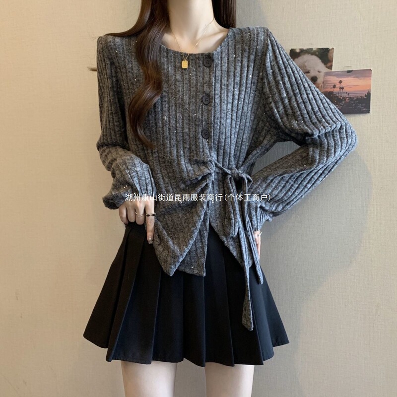 Plus Size Sequined Asymmetrical Knitted Tops for Women in Autumn and Winter Fat mm Slimming Look Lace-Up Design Right Shoulder Long-Sleeved T-Shirts