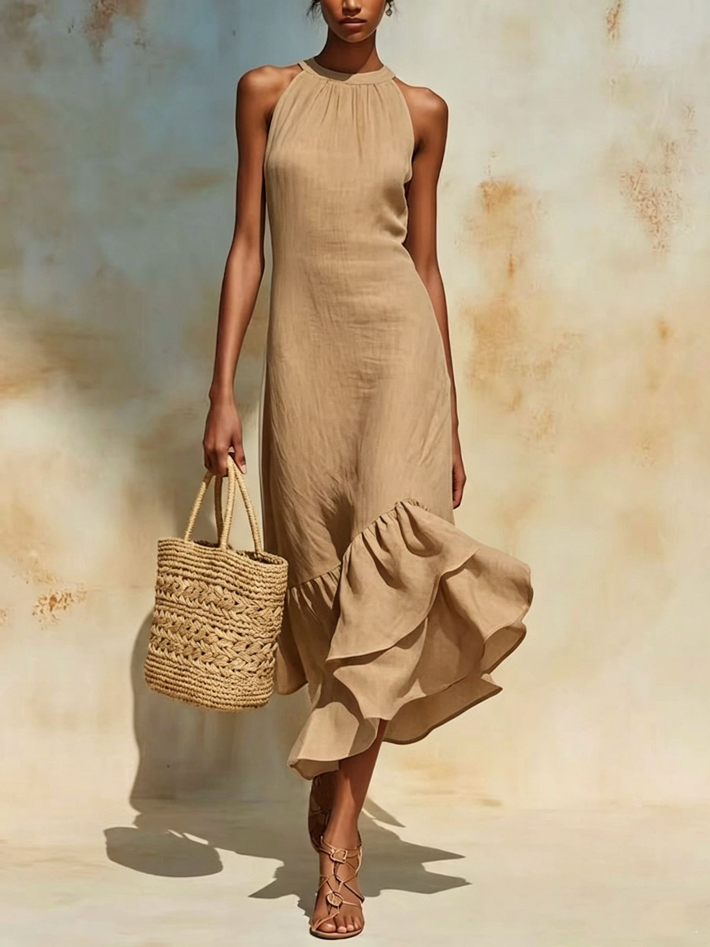 Women's Clothing Summer Women's Elegant Sleeveless Round Neck Ruffle Hem Dress Fashion Style For Formal & Casual For Women_ecoleips.com