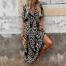 黑白条纹连衣裙跨境新款气质感高级感女夏长裙低胸收腰设计感批发