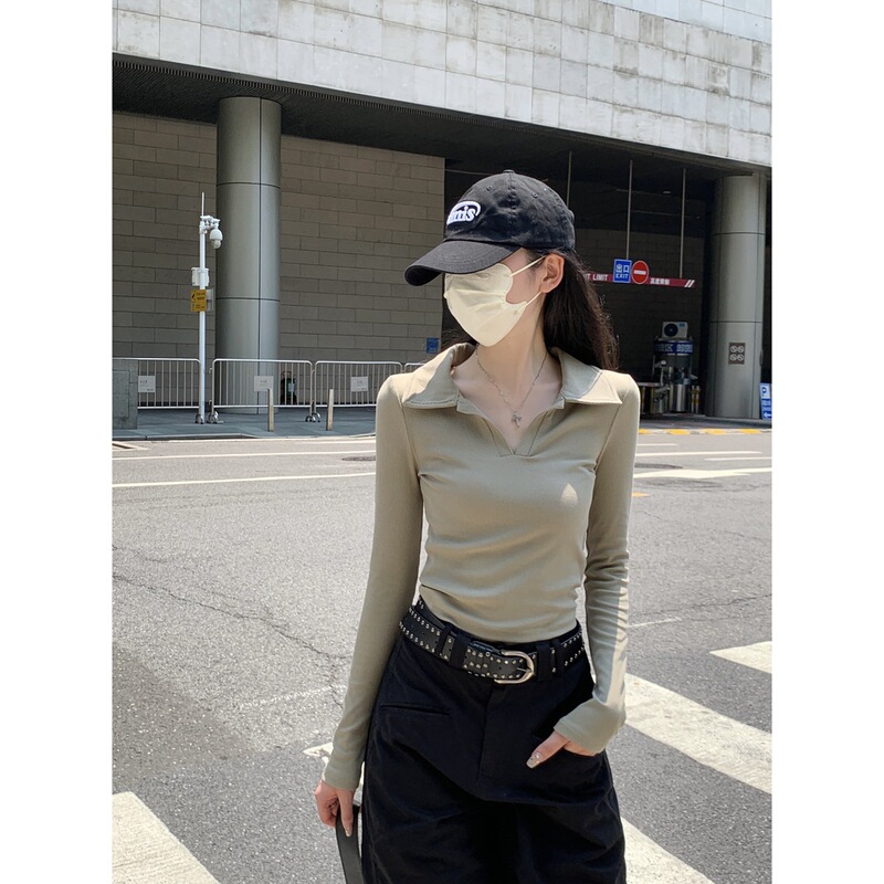 2025秋季新款韩版polo领短款内搭针织衫打底毛衣女设计感修身上衣|undefined