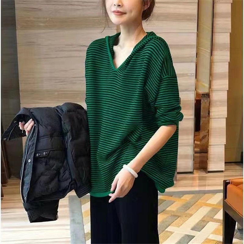 韩系连帽条纹针织卫衣女宽松套头时尚秋冬外穿新款慵懒风毛衣上衣|undefined