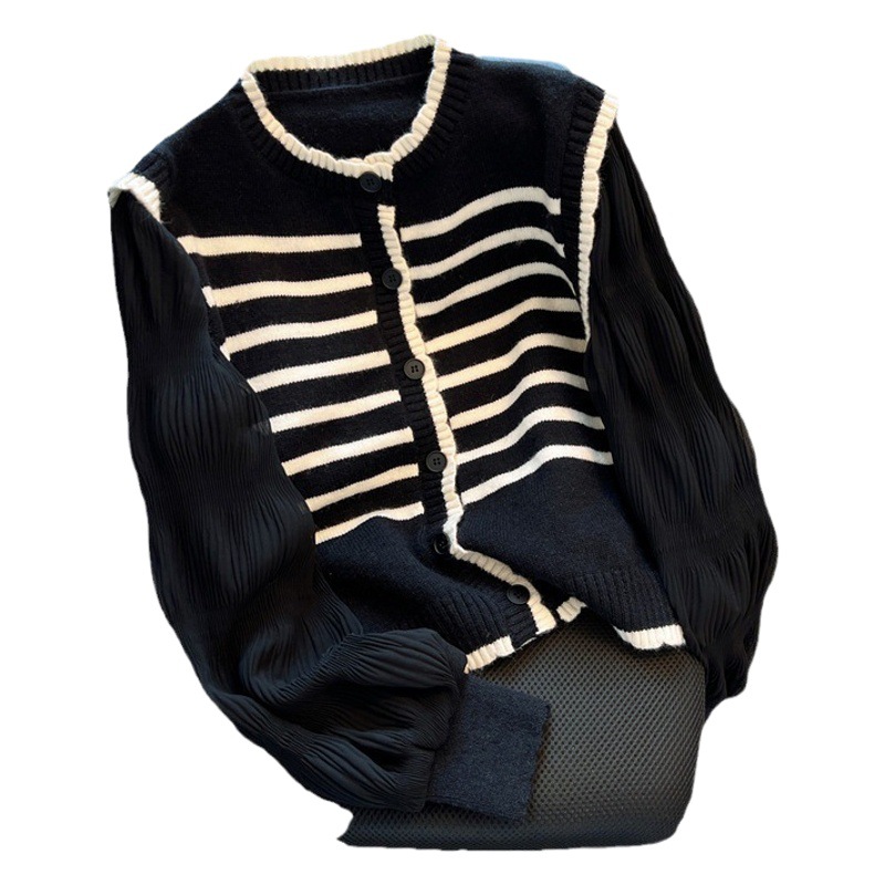 Diseño de costura a rayas de punto cardigan puff manga suéter de gasa corto elegante falso de dos piezas Top Otoño