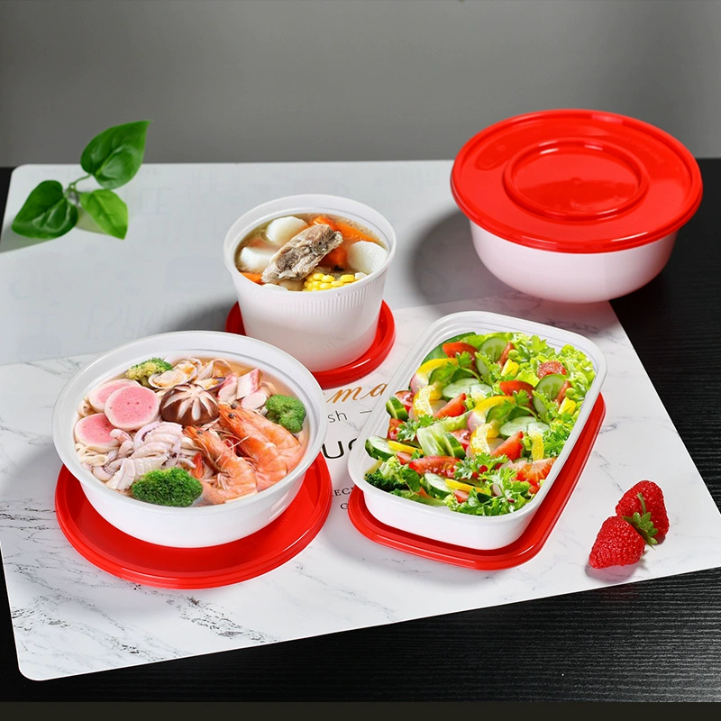 Утолщенная белая миска с красной крышкой, круглый одноразовый ланч-бокс, маленькая миска для доставки, упаковочная коробка для блюд, ланч-бокс 450 мл, электропаб