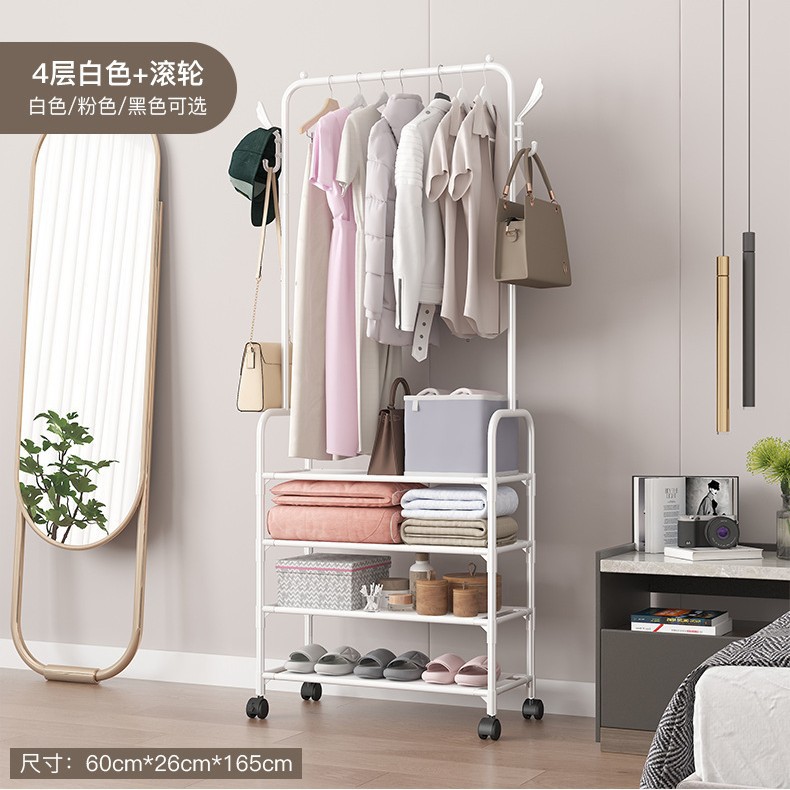 Clothes Rack with Wheels, Shoe and Hat Rack, Integrated Bag Hanging, Multi-Functional Coat Rack, Removable and Removable, Simple Home Wardrobe