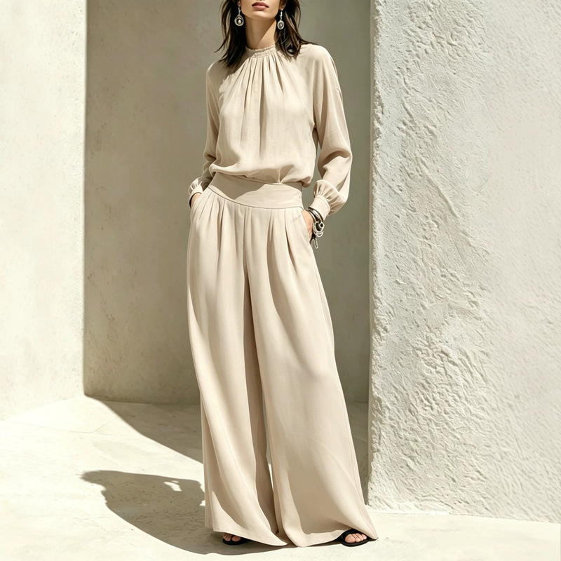 2026 Autumn European and American Cross-Border New Casual High-End Style Stand-Collar Outfit Set for Women, Loose Top and Wide-Leg Pants 2026 Autumn European and American Cross-Border New Casual High-End Style Stand-Collar Outfit Set for Women, Loose Top and Wide-Leg Pants
