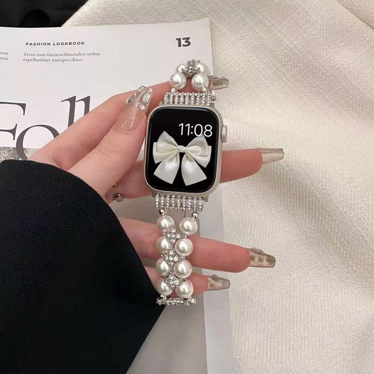 Suitable for iWatch Apple Watch S11 Strap S10 Small Fragrance Pearl Metal Ultra Bracelet Women's Accessible Luxury