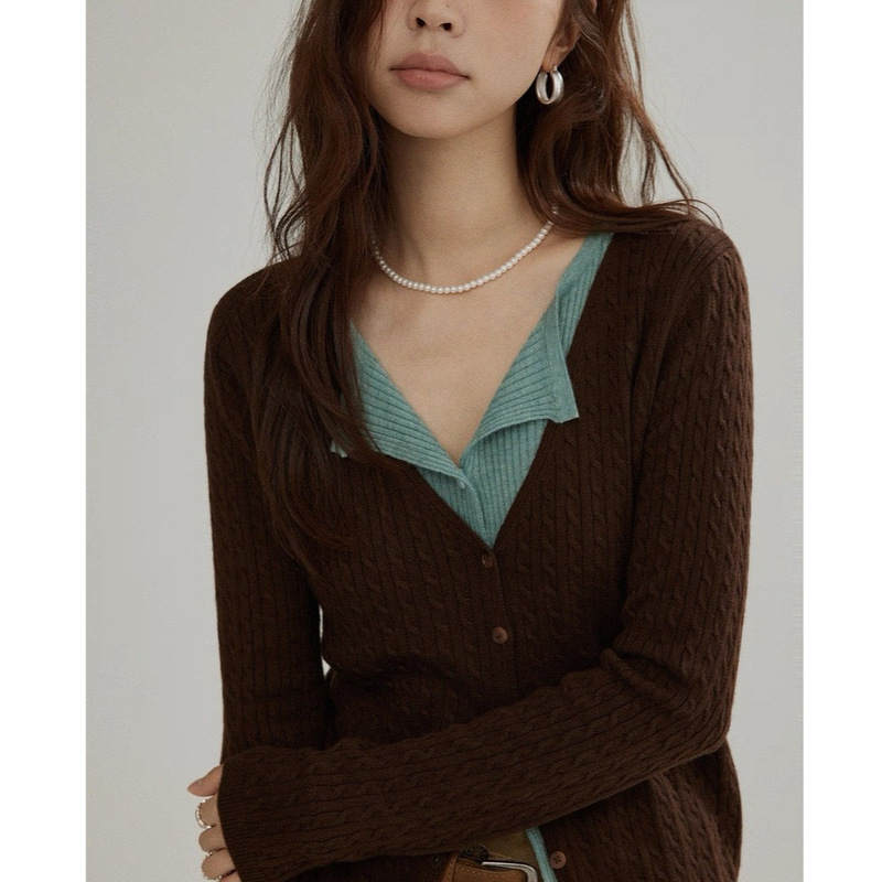 Joli Chose Wool Splicing Fake Two-Piece Design Knitwear Cardigan Women's New Niche V Neck Knitwear
