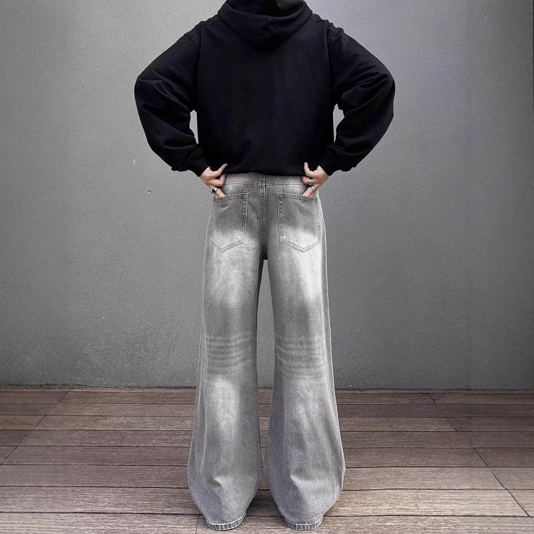 Men's Charcoal Gray Flared Jeans American Style Washed Vibe Straight Leg Loose Fit Casual Pants Mid Waist Slight Stretch_mkmklike.com