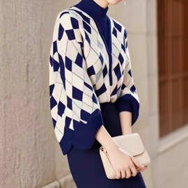 2025复古简约菱格子撞色毛线针织杉女春秋季宽松外穿小香风针织