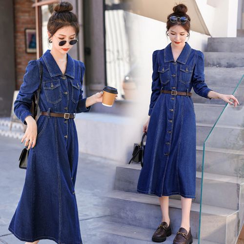 2025 Spring/Summer New Korean-Style Mid-Length Waist-Slimming Elegant A-Line Skirt, Slimming Shirt, Denim Dress for Women