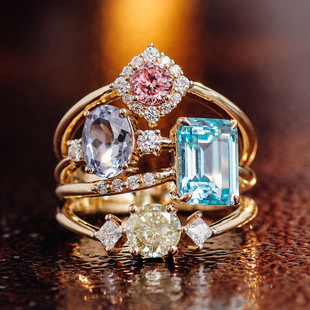 Cross-border Europe and the United States luxury four main stone stacked cultivation color treasure ring inlaid D color Mosan diamond high-grade vintage ring