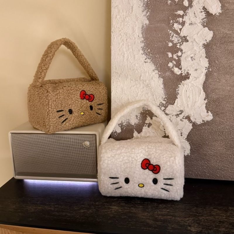 New Autumn and Winter Thickened Inner Lining Lamb Wool Embroidered Kitty Handbag Brown and White Large Capacity Commuter Handbag New Autumn and Winter Thickened Inner Lining Lamb Wool Embroidered Kitty Handbag Brown and White Large Capacity Commuter Handbag