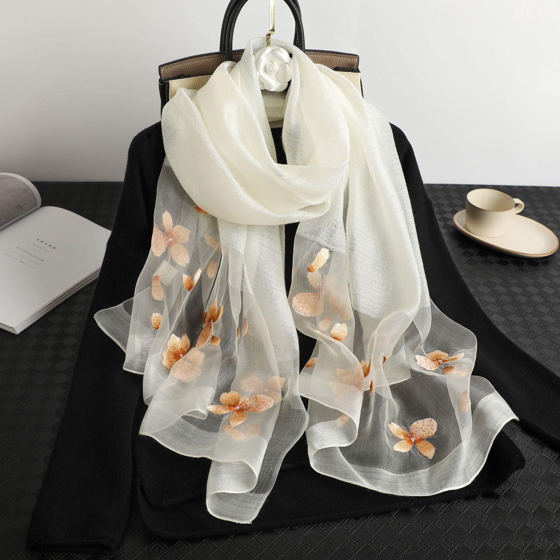 Silk Hand-Embroidered Scarf Spring and Autumn New Mulberry Silk Embroidered Silk Scarf Elegant Easy to Match Decorative Shawl Wholesale