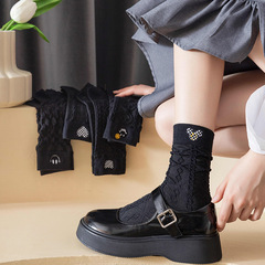 Black Socks for Women, Mid-Calf Crochet Embroidery Cotton Ins Trendy Autumn/Winter New College Style Women's Long Stacked Socks