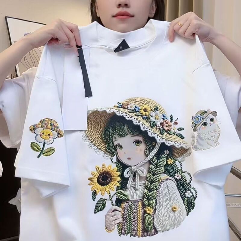 Sunflower Girl Imitation Embroidery Print Short-Sleeve T-Shirt for Women 2026 Summer New Loose Forest Style Cartoon Top