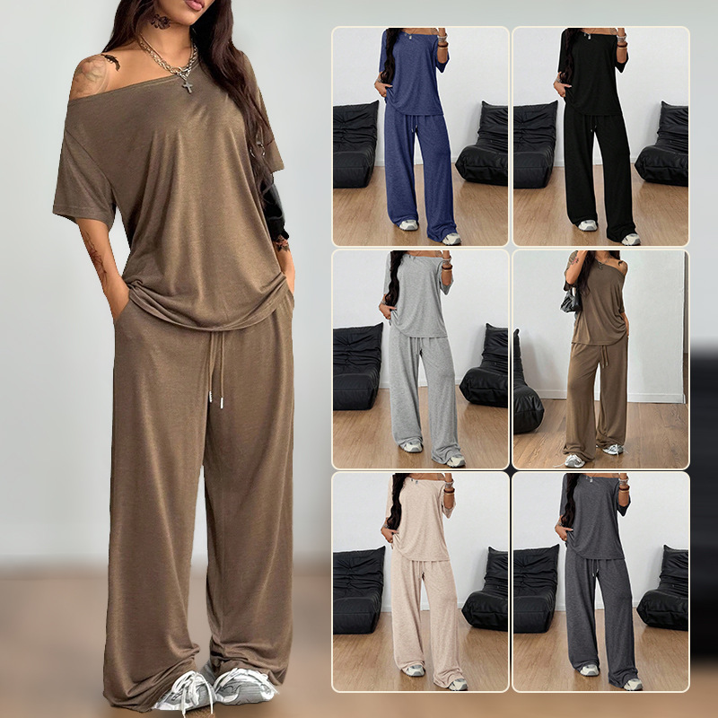 2026 Women's Casual Solid Color Oblique Neck Wide Leg Pants Set Sports Two-piece Set Loose Pants_ecoleips.com