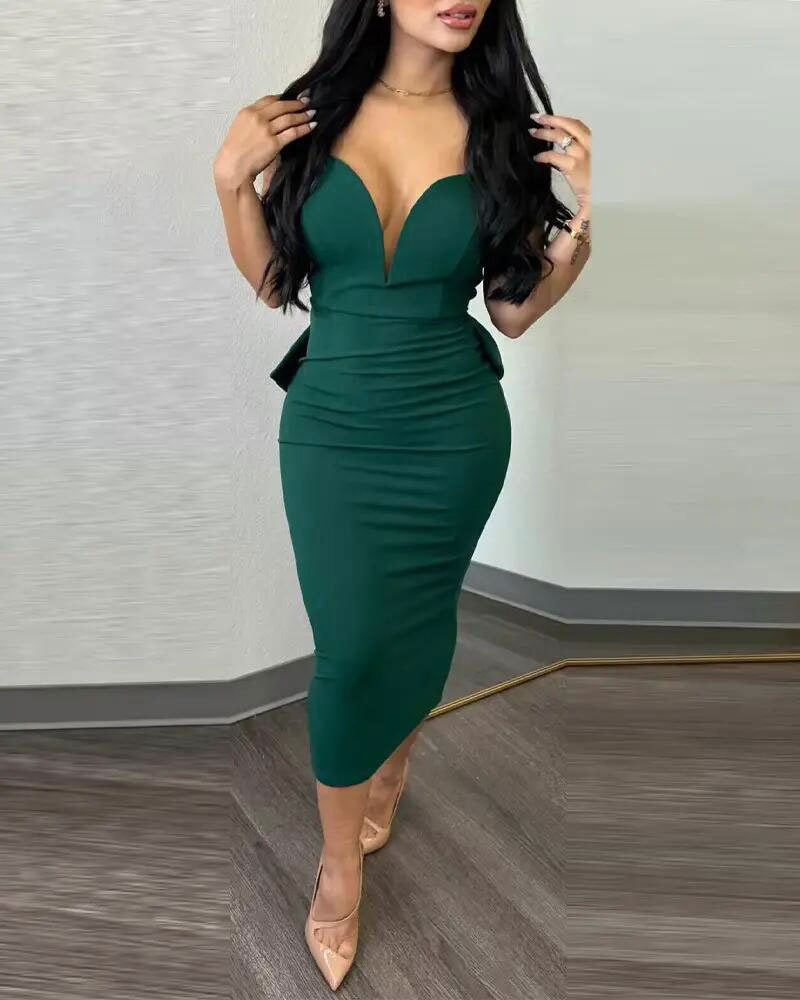Women's Clothing K2868 solid color hip covering, backless, deep V bow elastic slit dress_voghion.com