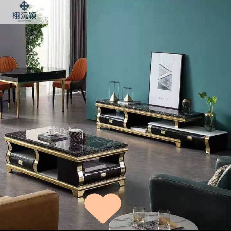 Modern Minimalist Gold-plated Marble High-end Coffee Table Living Room New TV Cabinet Combination Retractable Full Set Black and White