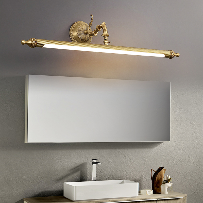 Diseño original nuevo estilo europeo y americano espejo de cobre luz delantera oro baño espejo gabinete anti-niebla simple luz de relleno