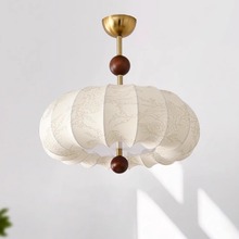 美式复古卧室吊灯侘寂风复古胡桃色实木床头灯法式中古布艺吊灯