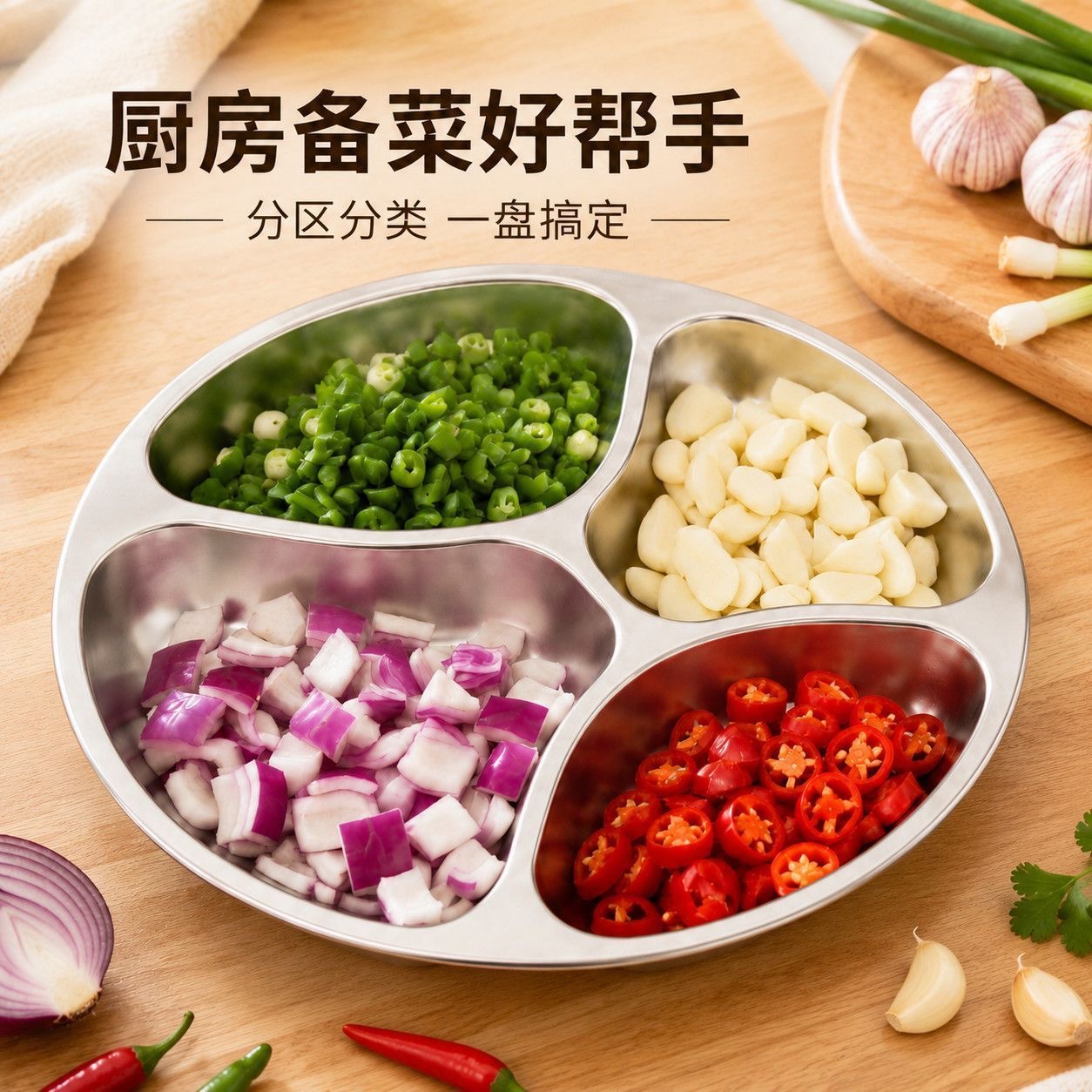 Four-compartment prep dish divider tray, kitchen ginger-onion-seasoning tray, household stainless steel thickened hot pot side dish tray, serving plate