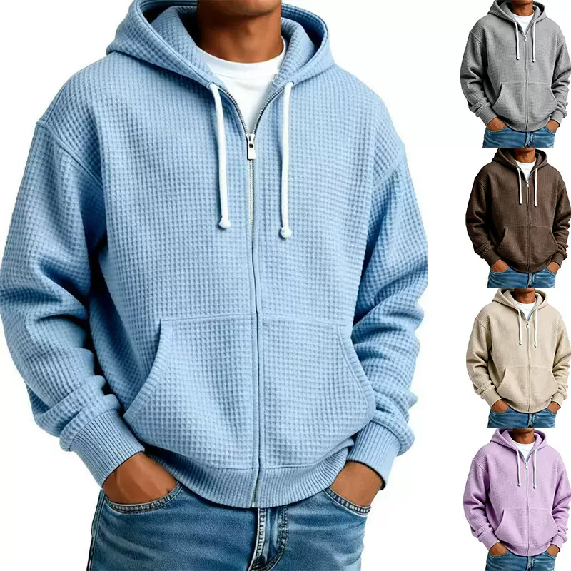 2025秋冬新款跨境欧美男装美式卫衣华夫格连帽拉链休闲外套